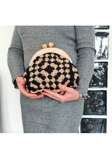 Ahşap Burslu Süet Siyah Çanta , Siyah Camel Clutch, El Yapımı Çanta Siyah Süet