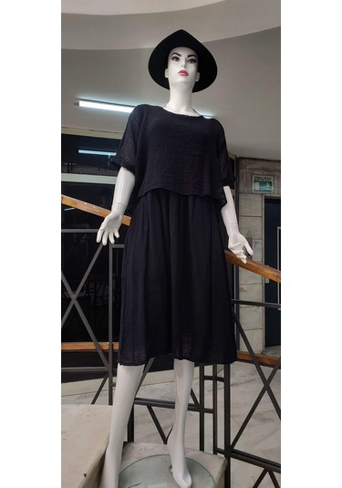 İtalyan Müslin Keteni Üstü File Bluzlu Astarlı Tek Parça Elbise Siyah