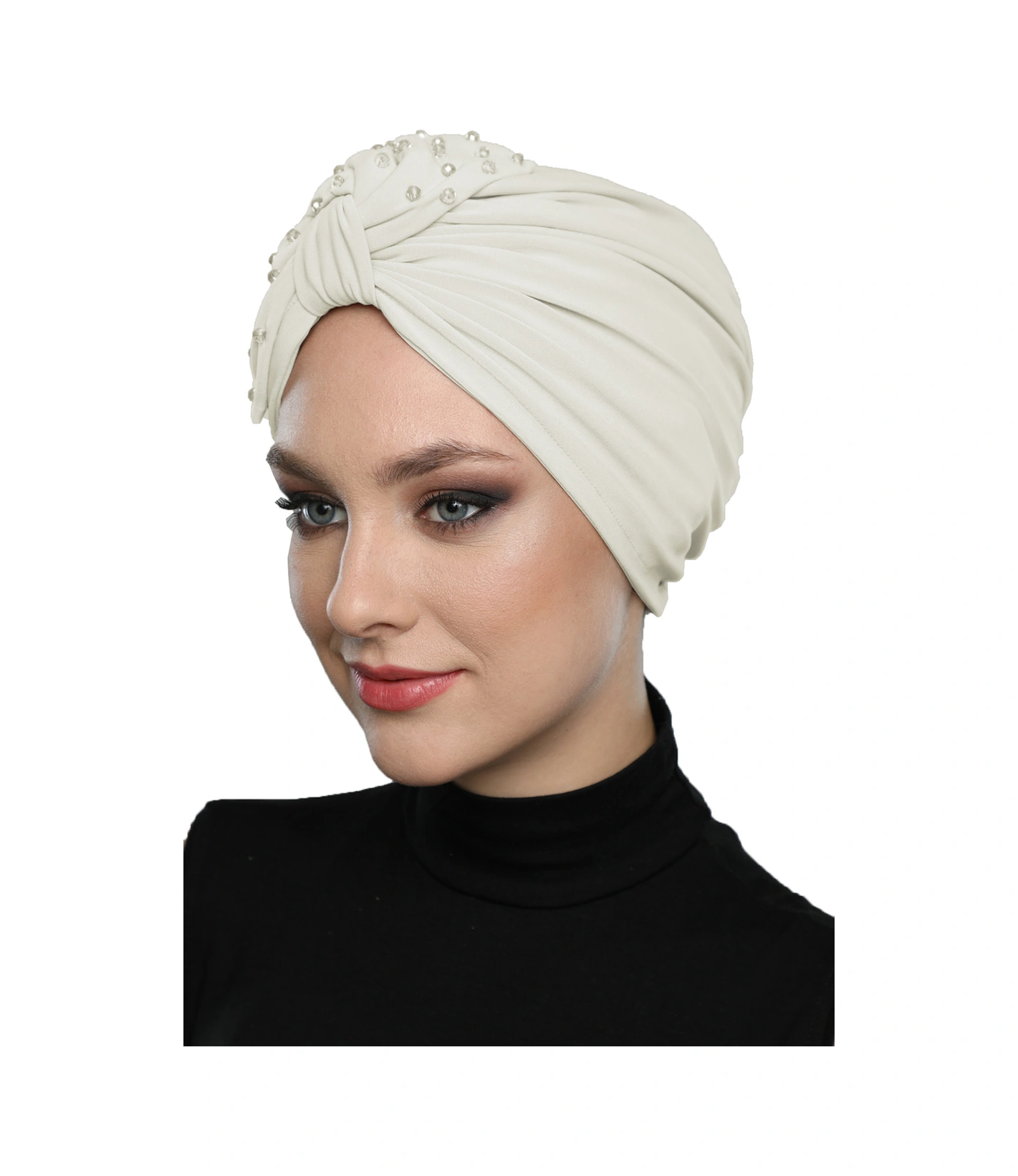 Kristal Yelpaze Taş Işlemeli Çift Taraflı Astarlı Krem Hazır Türban Tesettür Abiye Bone Krem