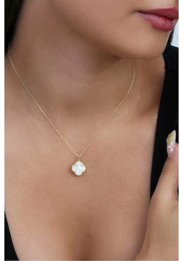 14k Altın Kaplamalı 925 Ayar Gümüş Granada Saray Yoncası Kolye - Beyaz 231829003 Altın