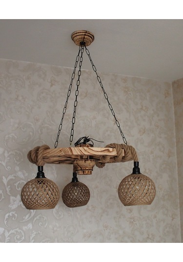 Otantik Çarşı Ahşap Teker Avize 60 Cm. 3 Duylu Hasır Şapkalı Siyah