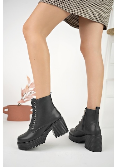 Muggo Grazi Garantili Kalın Taban Platform Topuklu Fermuarlı Bağcıklı Kadın Bot 001