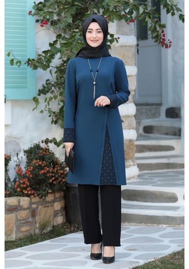 Lazer Kesim Detaylı Büyük Beden Tesettür Takım İndigo