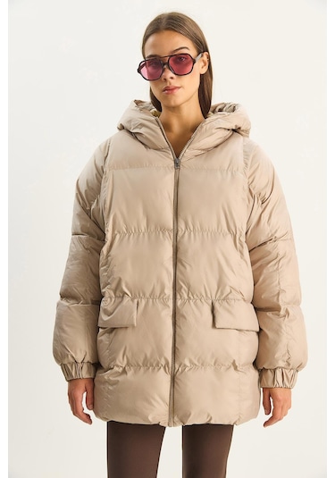 Shade Kadın Kapüşonlu Oversize Yarasa Kol Şişme Mont 60283686 - Bej