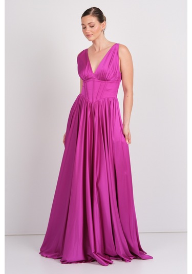 Doridorca Kadın Derin V Yaka Sırttan Bağlamalı Maxi Abiye Elbise 7091 Fuşya Fuşya