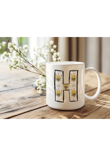 H Harfi Arı Desenli Kupa - Sevimli Hayvan Temalı Kişiye Özel Kahve Kupası - Şans Kupası Beyaz