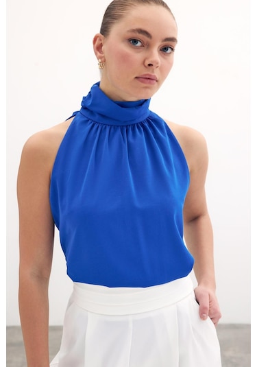 Sateen Kolsuz Salaş Bluz - Sax Mavi-131489 Sax Mavi