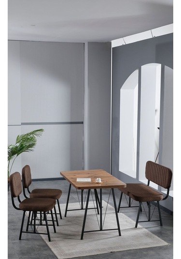 Elfin 70x110 Atlantik Yemek Masası, Yemek Masası Takımı, 2 Sandalye 1 Bench - Kahverengi Kahverengi