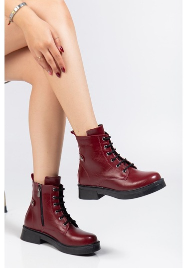 02-2003 Bordo Kırışık Rugan Bağcıklı Fermuarlı Günlük Kadın Bot Bordo