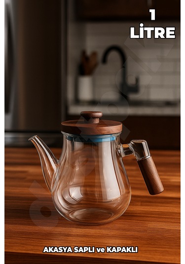 Akasya Kapaklı Ve Saplı Yuvarlak Cam Demlik - Isıya Dayanıklı - Cam Demlikli - Akasya Kapaklı Cam