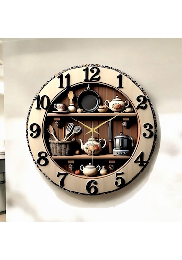 Mutfak Rafı Kabartma Görünümlü Renkli Baskı Desenli Sayılı Hediyelik Ahşap Sessiz Duvar Saati 50cm ÇOk Renkli