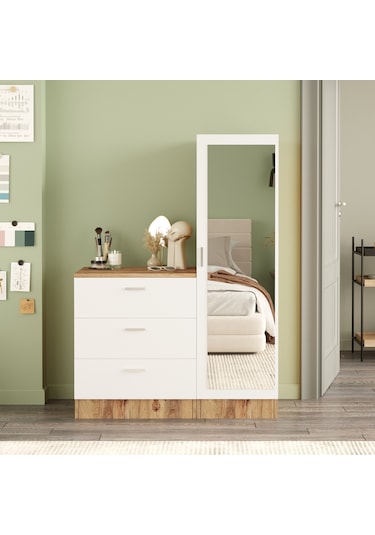 Yurudesign Nancy Aynalı Şifonyer Gardırop Çam-Beyaz
