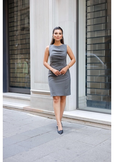 Çizgili Poliviskon Elbise-ceket Takım Gri Gri