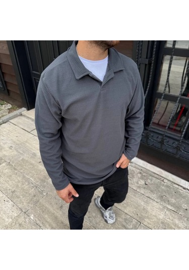 Erkek Fitilli Polar Sweatshirt Düğmesiz Polo Yaka, Oversize Rahat Kalıp, Kalın Polar Kumaş, Kışlık Füme