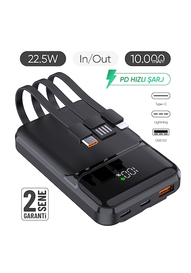 Snp-3006 10.000 Mah Hızlı Şarj Led Göstergeli Powerbank 3in1 Dahili Kablolu Powerbank Çoklu Giriş Siyah