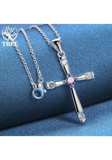 925 Ayar Gümüş Yuvarlak Aaa Zirkon Çapraz Kolye Kolye Takı