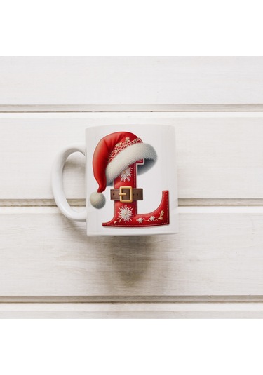 L Harfi Yılbaşı Temalı Bardak 330 Ml Harfli Kişiye Özel Hediye - Yeniyıl / Noel Şapka Tasarım Beyaz
