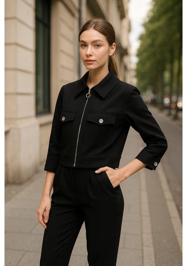 Siyah Gömlek Yaka Fermuarlı Kadın Alt Üst Takım Şık Ve Rahat Günlük Kombin Çok Renkli