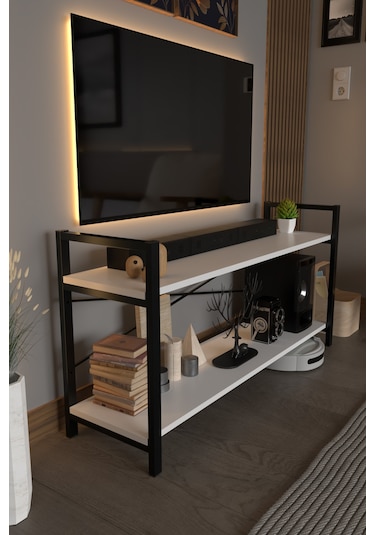 Exen Tv Ünitesi Dekoratif 2 Raflı Metal Ayaklı Tv Sehpası Beyaz