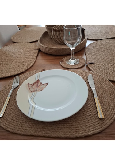 Oval 6 Kişilik 14 Parça Hasır Rengi Amerikan Servis, Hasır Supla Naturel