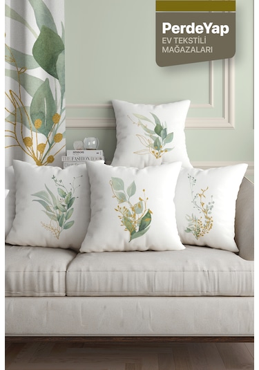 Sade Modern Tasarımlı Yeşil Yapraklar Desenli 4lü Kırlent Kılıfı