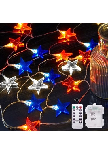 4 Temmuz Süslemeleri, 60 Led Büyük Yıldızlı Kırmızı Beyaz Ve Mavi Işık Dizileri, Vatansever