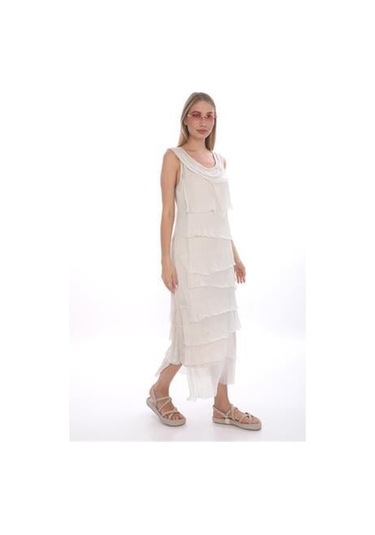 Italyan 2 Beden İnce Gösteren Kat Kat Kolsuz Ipek Elbise-8769 Ekru