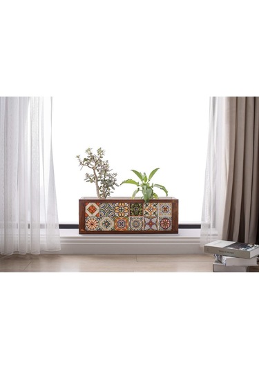 Halohope El Yapımı 6x2 Çinili Dekoratif Modern Ahşap Dikdörtgen Bahçe Balkon Saksı Saksılık Çiçeklik