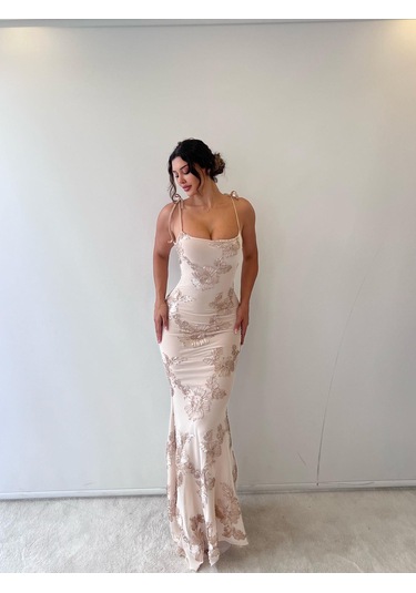 Bej Ayarlanabilir Askılı Çiçekli Astarlı Maksi Bej