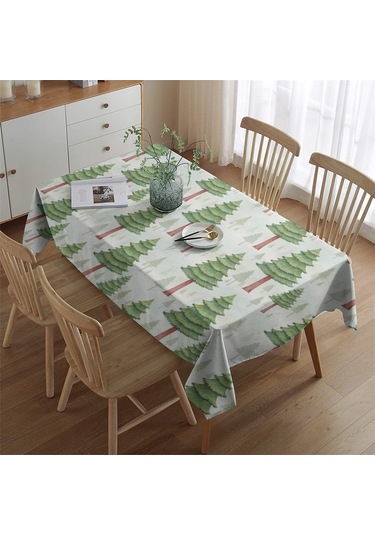 Noel Desenli Dikdörtgen Masa Örtüsü 60x84 İnç, Su Geçirmez Ve Leke Tutmaz Noel Çam Ağacı