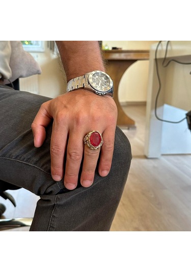 Erkekler İçin Yapay Taş Yüzük - Sultan Yüzük - El Yapımı 925 Ayar Gümüş Yüzük - Kırmızı Paraiba Yüzük Gümüş