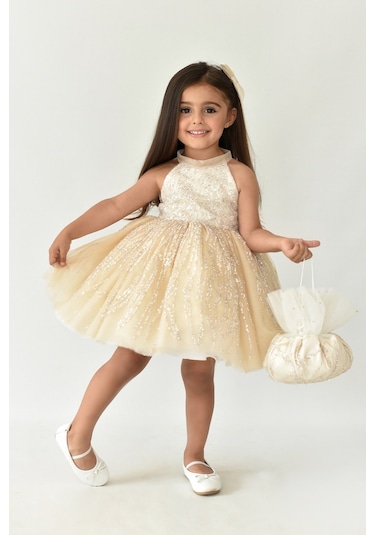 Dantel Süslemeli Cappuccino Camel Tasarım Abiye Kız Çocuk Tül Birçe Elbise 001