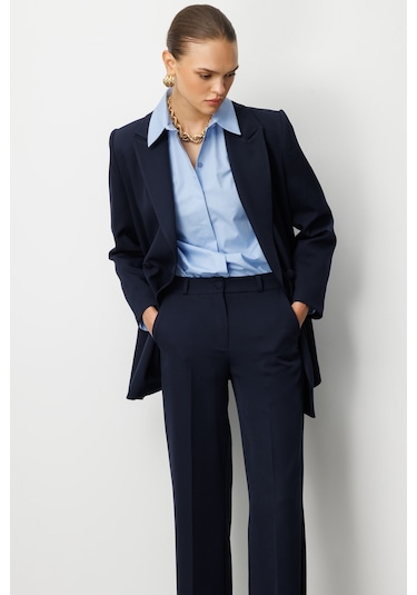 Mizalle Oversize Lacivert Kruvaze Blazer Ceket Lacivert