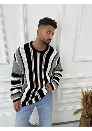 Kazak Oversize Renkli Örgü Desenli Naturel Pamuk Bol Kesim Salaş Triko Kazak Gri