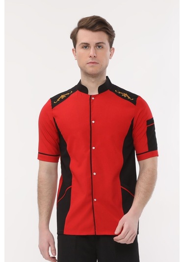 Uniprom Kısa Kollu Aşçı Ceketi Önlük Omuz Nakışlı Cepli Şef, Garson Kırmızı Siyah