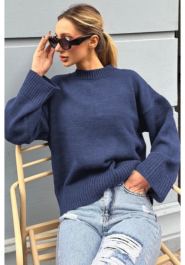 Lacivert Bisiklet Yaka Oversize Triko Kazak Mg1972 Lacivert