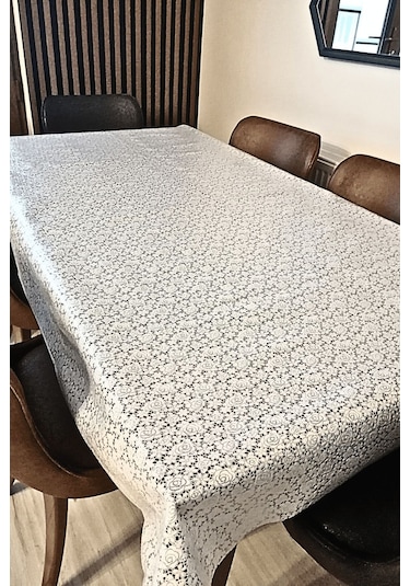 Dantel Görünümlü Üstü Şeffaf Kaplı Muşamba Masa Örtüsü -beyaz Renk-çiçek-farklı Ölçülerde Beyaz