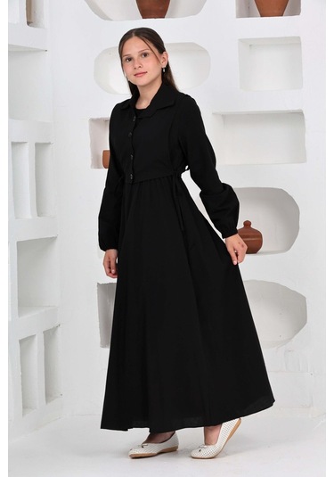 Kız Çocuk Uzun Boy Gofre Kumaş Jile & Elbise İki Parça Takım Astarlı Zarif Set-4948 Siyah