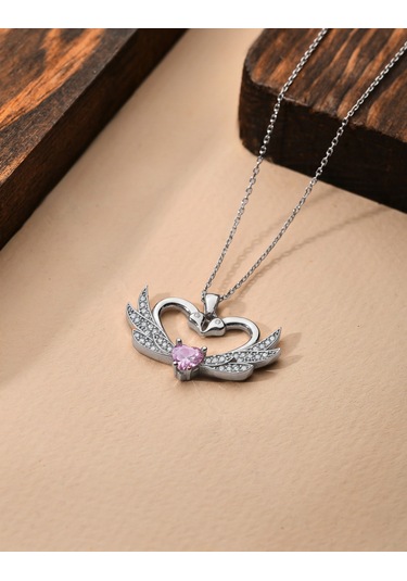 925 Ayar Zirkon Taşlı Rodyum Birleşen Kuğular Kalp Motifli Gümüş Aşk Kolyesi Gümüş - Rodyum