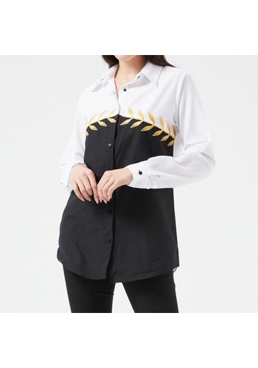 Kadın Siyah-beyaz Yaprak Nakışlı Gömlek Beyaz