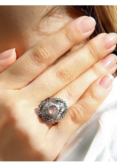 Doğal Taş Pembe Kuvars Doğal Taşlı Telkari Modelli Kadın Ayarlanabilir Gümüş Kaplama Yüzük Euy65pkr Pembe