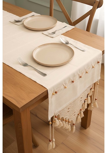 Dantel İşlemeli Boncuklu Runner 50x130 Cm Krem