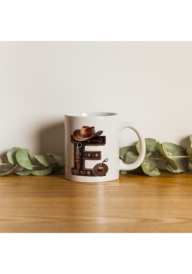 E Harfi Kovboy Temalı Bardak 330 Ml İsim / Harf Kişiye Özel Hediye - Vahşi Batı Konsept Beyaz