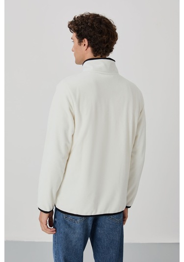 Tommy Life Ekru Yazı Nakışlı Dik Yaka Fermuarlı Standart Kalıp Erkek Sweatshirt Polar - 87992 Ekru