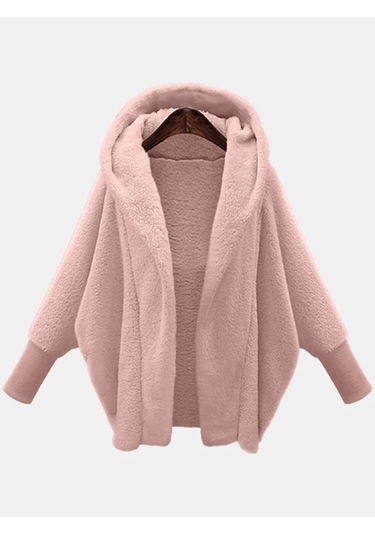 Sonbahar Ve Kış, Kadın Giyim Düz Renk Uzun Kollu Kapşonlu Bol Peluş Ceket Kadın Pembe