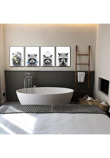 Yaleker Ev Dekorasyonu Banyo Duvar Sanatı: Zürafa Köpek Fil Figürlü Komik Posterler 4 Adet , 25x20 Cm, Duşakabin Ve Banyo Dekoru Siyah