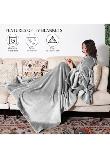 Novahub Gri Kollu Giyilebilir Battaniye, Yumuşak Polar Snuggy Battaniye Atma Şal, Ön Cepli Rahat Vücut Battaniyesi Gri Gri