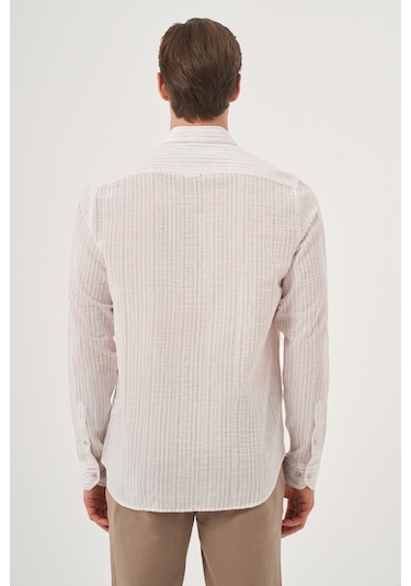 Morven Erkek Bej Keten Trend Dynamic Fit Britli Yaka Gömlek 25ys004022653 Bej Bej