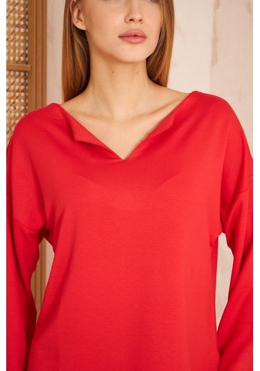 Kadın Ekstra Uzun Duble Kol / Yakası Yırtmaçlı Salaş Sweatshirt Bluz 3470190 Kırmızı