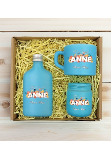 Bk Gift Kişiye Özel İsimli Dtf Anne Temalı Turkuaz Kahve Fincanı & Kolonya & Mum Hediye Seti-2, Anneye Hediye, Anneler Günü Hediyesi Kobitmeyencom3098